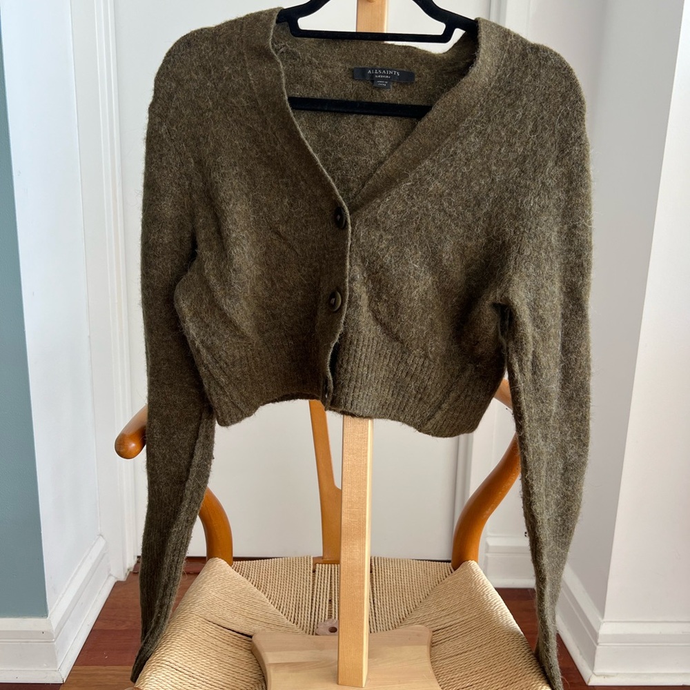 Allsaints Olive Green Women's Cropped Sweater Cardigan